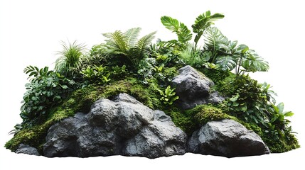 Aufkleber - Tropical plant fence moss bush tree jungle stone rock isolated on white background with clipping path : Generative AI