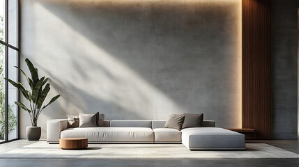 Aufkleber - Modern minimalist living room with textured wall and wooden accents : Generative AI