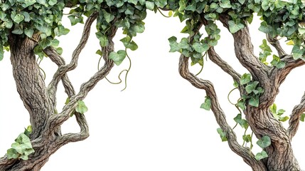Aufkleber - Forest tree trunks with climbing vines twisted liana plant and green leaves  isolated on white background clipping path included : Generative AI