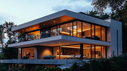 Aufkleber - A modern house embodies the essence of contemporary architecture and lifestyle designed with a focus on simplicity efficiency and elegance It features clean lines open floor plans and  : Generative AI