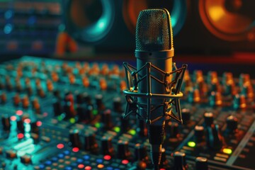 Poster - A microphone sitting in front of a mixing desk, useful for music or podcasting production