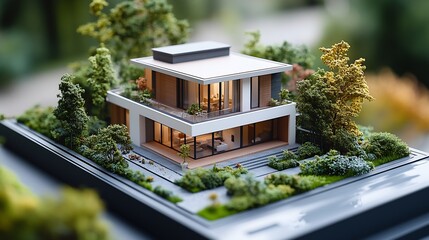 Poster - Volumetric project of house Layout of a house with an open roof Miniature layout of a cottage top view Building model as a symbol of architectural business Design in architectural bure : Generative AI