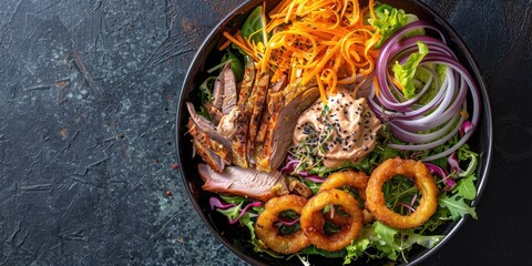 Canvas Print - Salad Bowl with Roast Pork Grated Cheese Onion Rings and Homemade Mayo