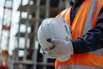 Poster - A construction worker holding a hard hat on site