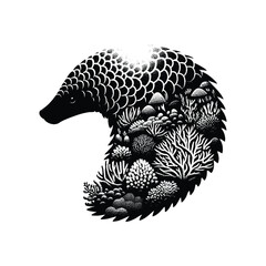 silhouette of Pangolin, filled with underwater view with coral in rough drawing,