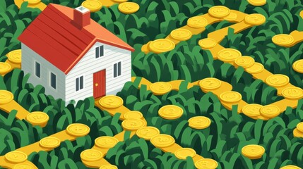 A House Sitting Among A Money-Themed Maze With Paths Made Of Golden Coins In A Green Environment.