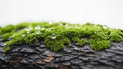 Fresh green moss on wet tree bark isolated on white side view : Generative AI