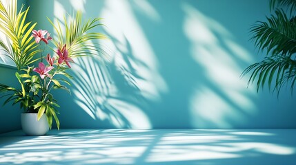 Leinwandbilder - Abstract gradient blue studio background for product presentation Empty room with shadows of window and flowers and palm leaves  3d room with copy space Summer concert Blurred backdrop : Generative AI