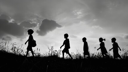 Poster - Group of kids walking on a lush meadow, perfect for family or educational use