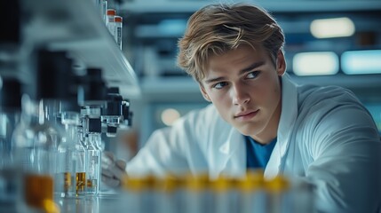 Poster - A young man in a lab coat examines a capsule with focus in a laboratory setting : Generative AI