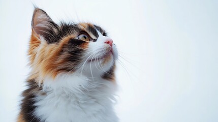 Aufkleber - Isolated calico cat looking up with intense eyes Cute curious long hair kitty cat waiting for food or watching something Female calico or torbie cat White background Selective focus : Generative AI