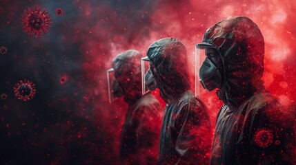 Wall Mural - Three individuals in protective hazmat suits and masks standing in a red virus-contaminated environment. Pandemic, public health, protection, and outbreak control concept.