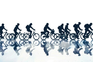 Poster - Group of people riding bicycles on a wet surface, perfect for advertising or illustrating the theme of transportation in rain