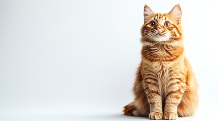 Poster - A cat with orange fur is sitting on a white background The cat has a curious expression on its face : Generative AI
