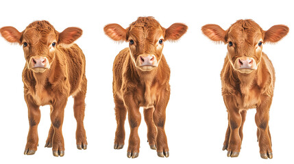 Wall Mural - collection of three brown calfs standing portrait cow bundle isolated on a white background as transparent png
