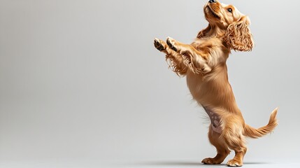 Cute adorable purebred dog English cocker spaniel standing on hind legs and playing isolated on white background Concept of domestic animals pet care vet action and motion Copy space f : Generative AI