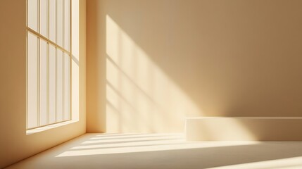 Poster - Empty Studio 3d exhibition background  pastel creamy beige stage with soft natural abstract diagonal window light and shadows Minimal architectural scene for product mock up Front view : Generative AI