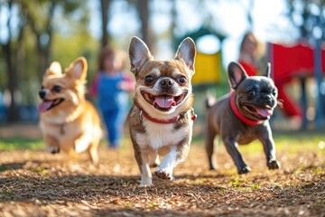 A group of three small dogs, a Chihuahua, a Pomeranian, and a French bulldog, playing together in a colorful park with children in the background. copy space , ai