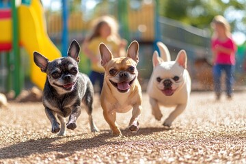 A group of three small dogs, a Chihuahua, a Pomeranian, and a French bulldog, playing together in a colorful park with children in the background. copy space , ai