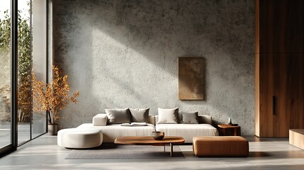 Aufkleber - Modern minimalist living room with textured wall and wooden accents : Generative AI