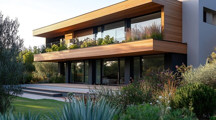 Aufkleber - Modern house with wooden cladding panoramic window garden : Generative AI
