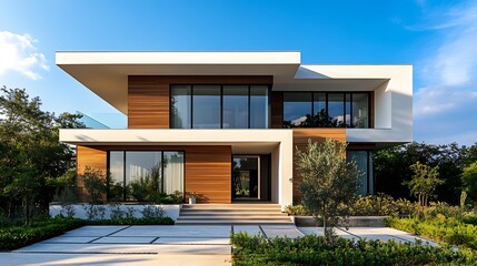 Aufkleber - A modern house embodies the essence of contemporary architecture and lifestyle designed with a focus on simplicity efficiency and elegance It features clean lines open floor plans and  : Generative AI