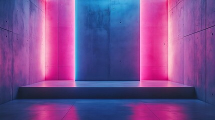 dark three dimensional room with concrete wall and floor and pink and blue lighting empty modern urb