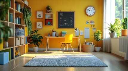 Leinwandbilder - Childrens room interior at home Spacious room with study desk chair bookshelves chalkboard boxes lamp plants clock rug laminate flooring and area for playing Unisex design for boy or g : Generative AI