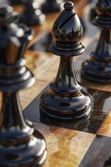 Poster - Group of chess pieces arranged on a wooden chess board, ideal for representing strategic games and intellectual pursuits