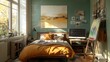© The Little Hut - Stylish teenagers room interior with computer comfortable bed and painting easel : Generative AI
