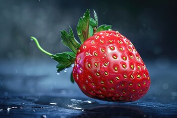 Poster - A bright red strawberry sits on a black surface surrounded by lush green leaves