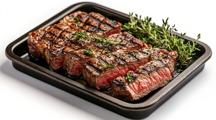 Canvas Print - Grilled Rump sirloin steak sliced on a tray with herbs Isolated white background : Generative AI