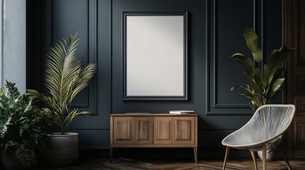 Poster - Mockup frame on cabinet in living room interior on empty dark wall background3D rendering : Generative AI