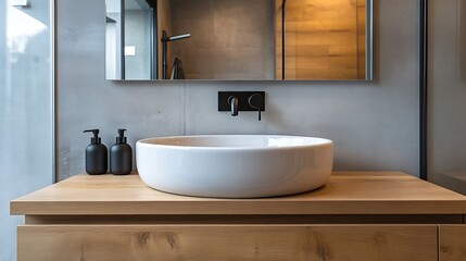 Poster - Small bathroom with white porcelain sink on wooden cabinet and frameless square mirror : Generative AI