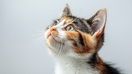 Aufkleber - Isolated calico cat looking up with intense eyes Cute curious long hair kitty cat waiting for food or watching something Female calico or torbie cat White background Selective focus : Generative AI