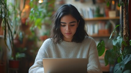 Poster - Young hispanic woman working or studying with laptop at home in a home office concept in Mexico Latin America : Generative AI