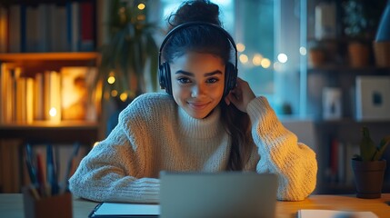 Poster - Smiling multiracial millennial female student in headphones sitting at the desk watching webinar and making notes Happy biracial young woman working or studying using computer at home : Generative AI