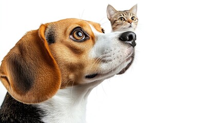Poster - Curious beagle dog and cat scottish straight looking up side view isolated on white background : Generative AI