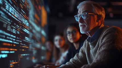 Aufkleber - Teacher Giving Computer Science Lecture to Diverse Multiethnic Group of Female and Male Students in Dark College Room Projecting Slideshow with Programming Code Explaining Information  : Generative AI