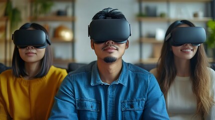 Young asian man and two young biracial women enjoy virtual reality at home they are immersed in a vr experience in a modern living room setting : Generative AI