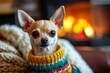 © Dzikrul Husnani - A small Chihuahua wearing a colorful sweater, sitting in a cozy living room with a fireplace subtly glowing in the background , ai