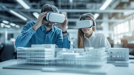 Aufkleber - Technology futuristic virtual reality design Team Architect or Engineer designer wearing VR headset for BIM technology working together design 3D model building in office : Generative AI