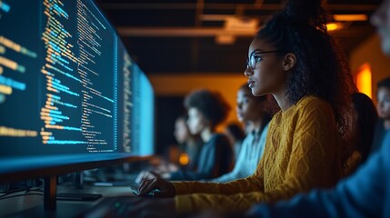 Aufkleber - Teacher Giving Computer Science Lecture to Diverse Multiethnic Group of Female and Male Students in Dark College Room Projecting Slideshow with Programming Code Explaining Information  : Generative AI
