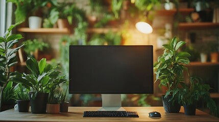 Wall Mural - Comfortable workplace with modern computer and green plants in room Interior design : Generative AI