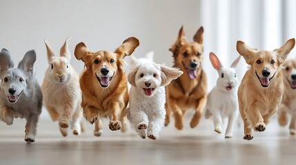 Poster - Collage Group of different purebred dogs running together with one little rabbit against white studio background Concept of veterinary pet lovers grooming services canine food friendsh : Generative AI