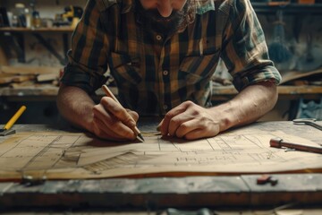 Poster - A person working on a wooden surface with a pen, focusing on their craft