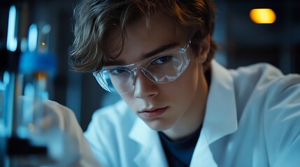 Poster - A young man in a lab coat examines a capsule with focus in a laboratory setting : Generative AI