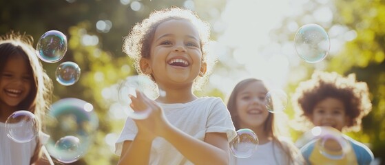 little friends with toothy smiles on their faces enjoying warm sunny day while participating in soap bubbles show