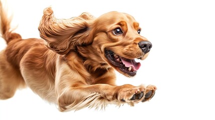 Poster - Active pet purebred dog English cocker spaniel in motion playing running isolated on white background Concept of domestic animals pet care vet action love friend Copy space for ad : Generative AI