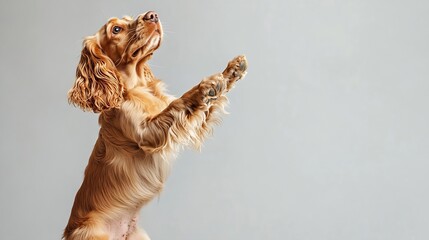 Poster - Cute adorable purebred dog English cocker spaniel standing on hind legs and playing isolated on white background Concept of domestic animals pet care vet action and motion Copy space f : Generative AI